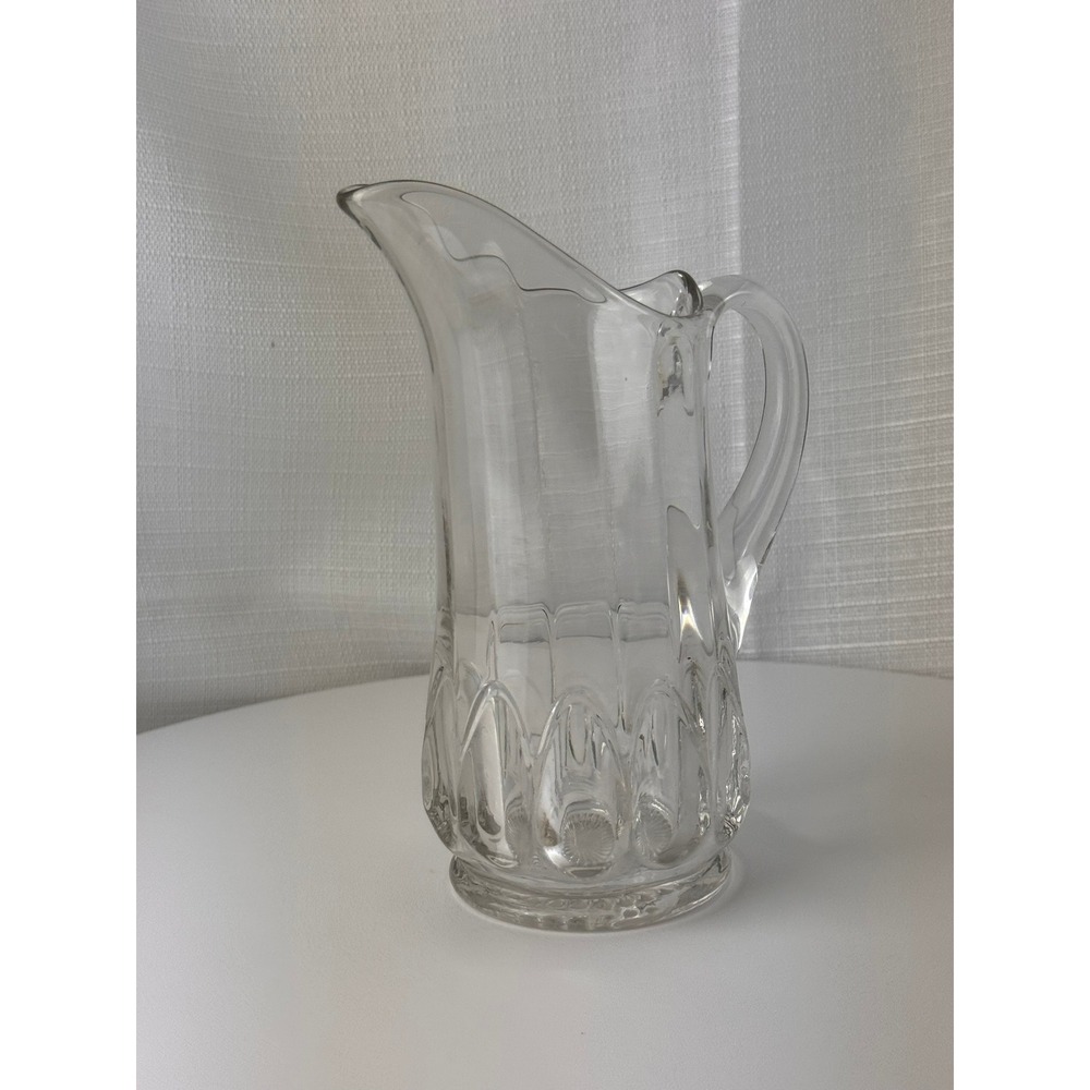 Vintage Clear Pressed Glass Pitcher 7.25in Fluted Thumbprint Sunburst Base Jug